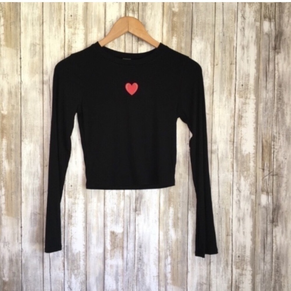 Wild Fable Black Embroidered Heart Ribbed Fitted